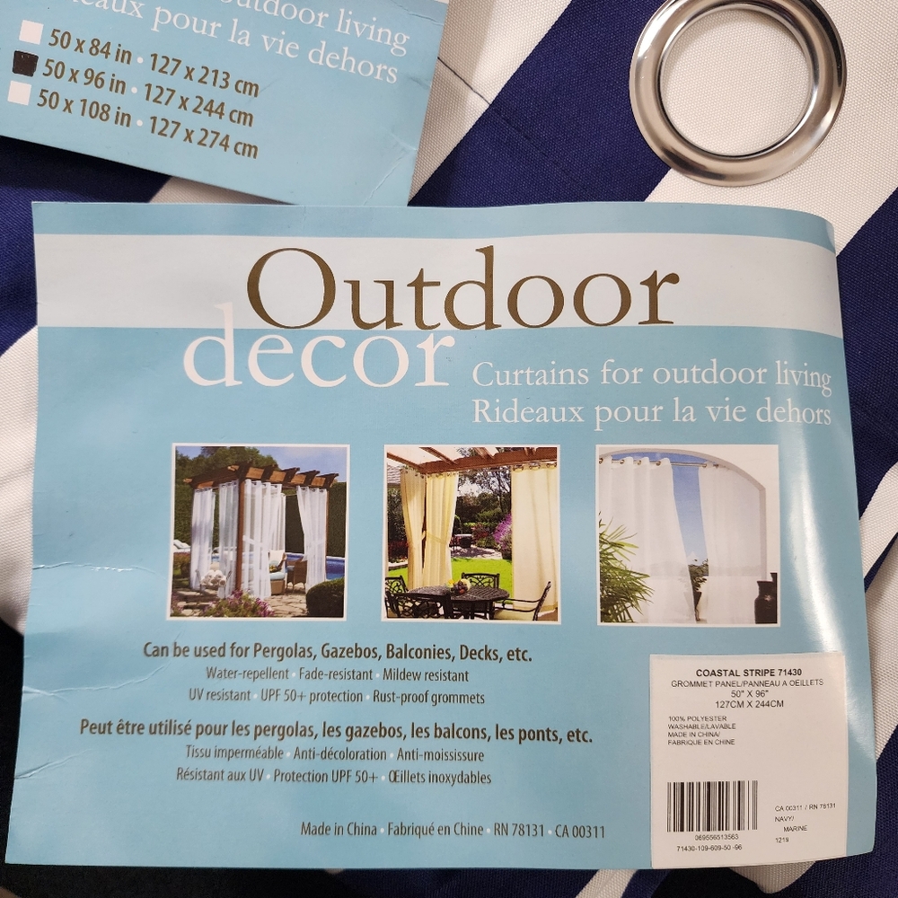 Outdoor Drapes Curtains Grommet Blue and White Stripped. Set Of 3 New With Tags - Picture 4 of 12
